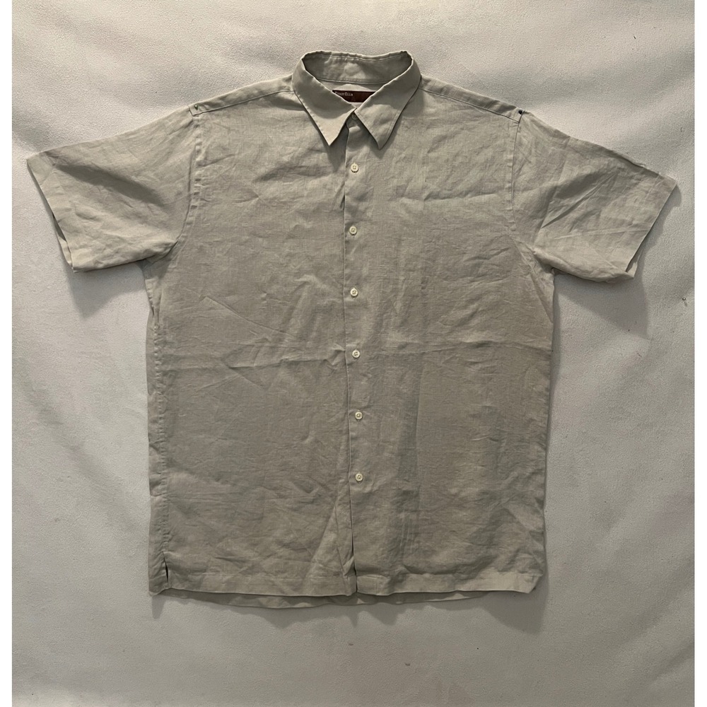 Perry Ellis Mens Beige 100% Linen Short Sleeve Button Down Shirt Size Large